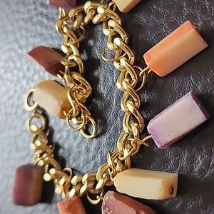 VTG Gold Chain Bracelet with Multicolor Rectangular Organic Carved Charms